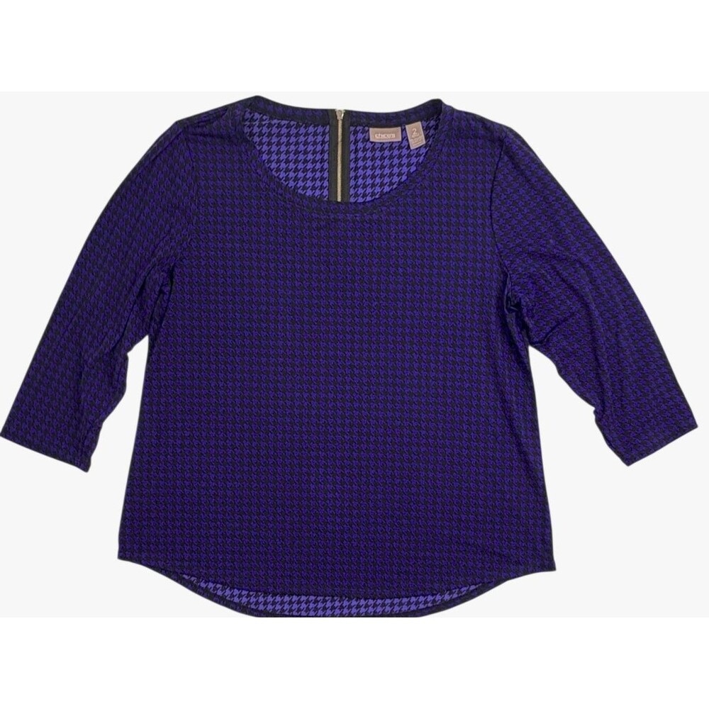 Chico’s Purple Black Houndstooth Stretch Tunic Top 3/4 Sleeves City Career 2 12